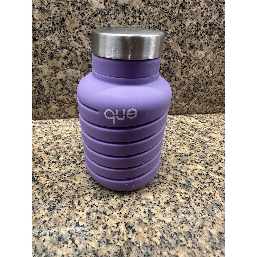 Que Purple Silicone Stainless Steel Reusable Water Bottle Ribbed Twist‎ Lid